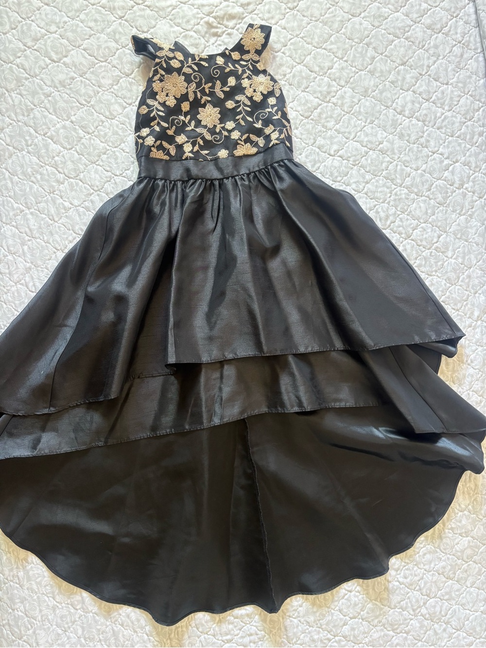 Bonnie Jean Black High-Low Party Dress with Gold Floral Bodice